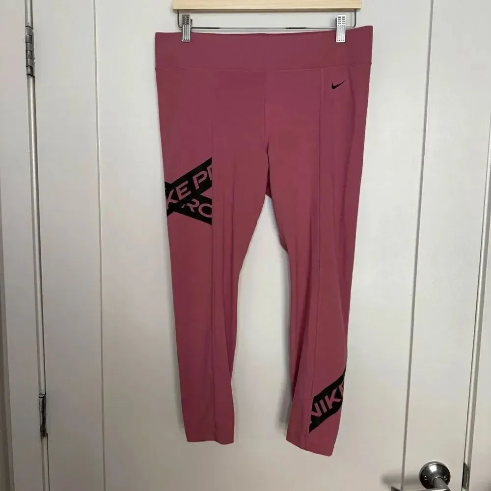 Nike Dri Fit Leggings Womens Sz XL Pink Logo Ankle Athleisure Workout Gym Yoga